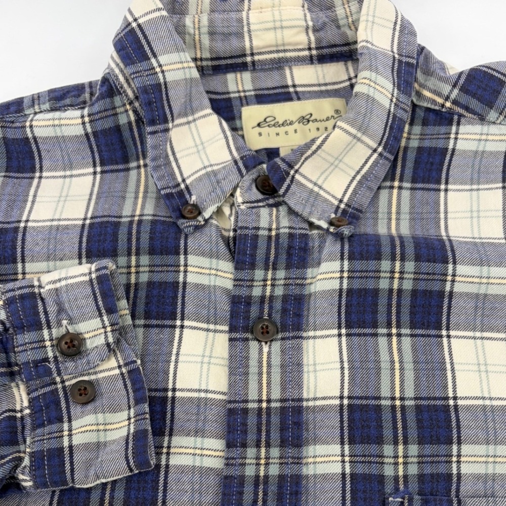 Eddie Bauer Mens Blue Cream Plaid Flannel‎ Shirt Long Sleeve Button Down Size M